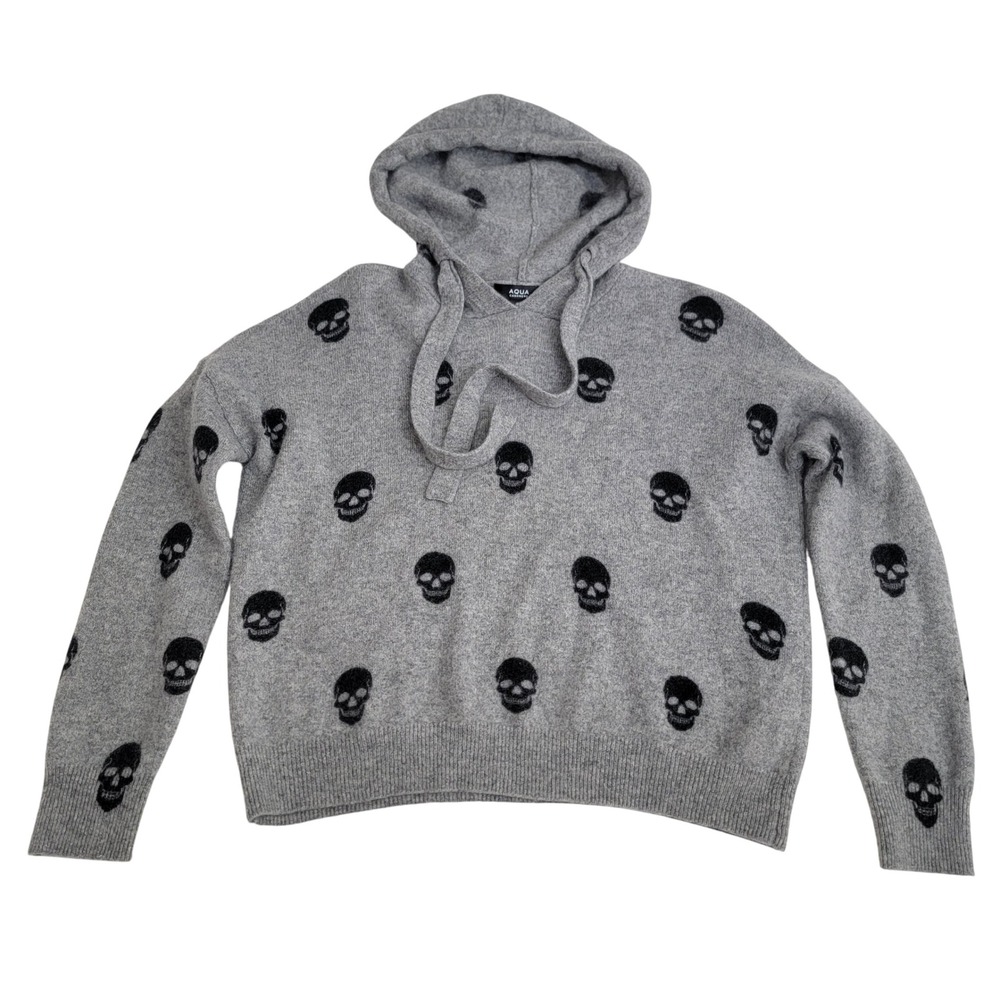 AQUA CASHMERE Grey Skull Print Hoodie Hooded Pullover Sweater XS 100%‎ Cashmere
